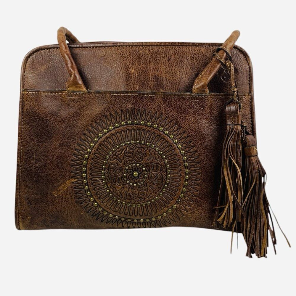 Patricia Nash Taurina Tooled Italian Leather Paris Satchel Purse Handbag Studded